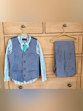 Andy & Evan Blue-Gray Vest and Pants Set with Aqua Tie